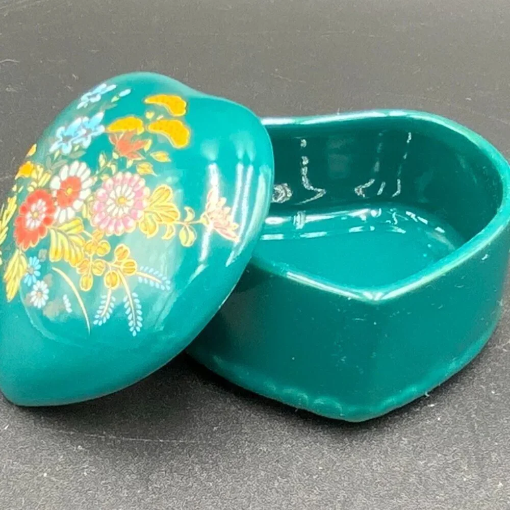 Teal Hand Painted Floral Heart Porcelain Trinket Box Made in Japan